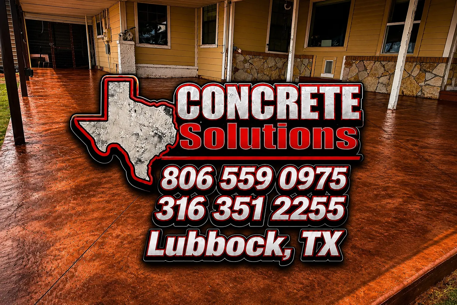 Decorative stamped concrete patio shown with Concrete Solutions branding.