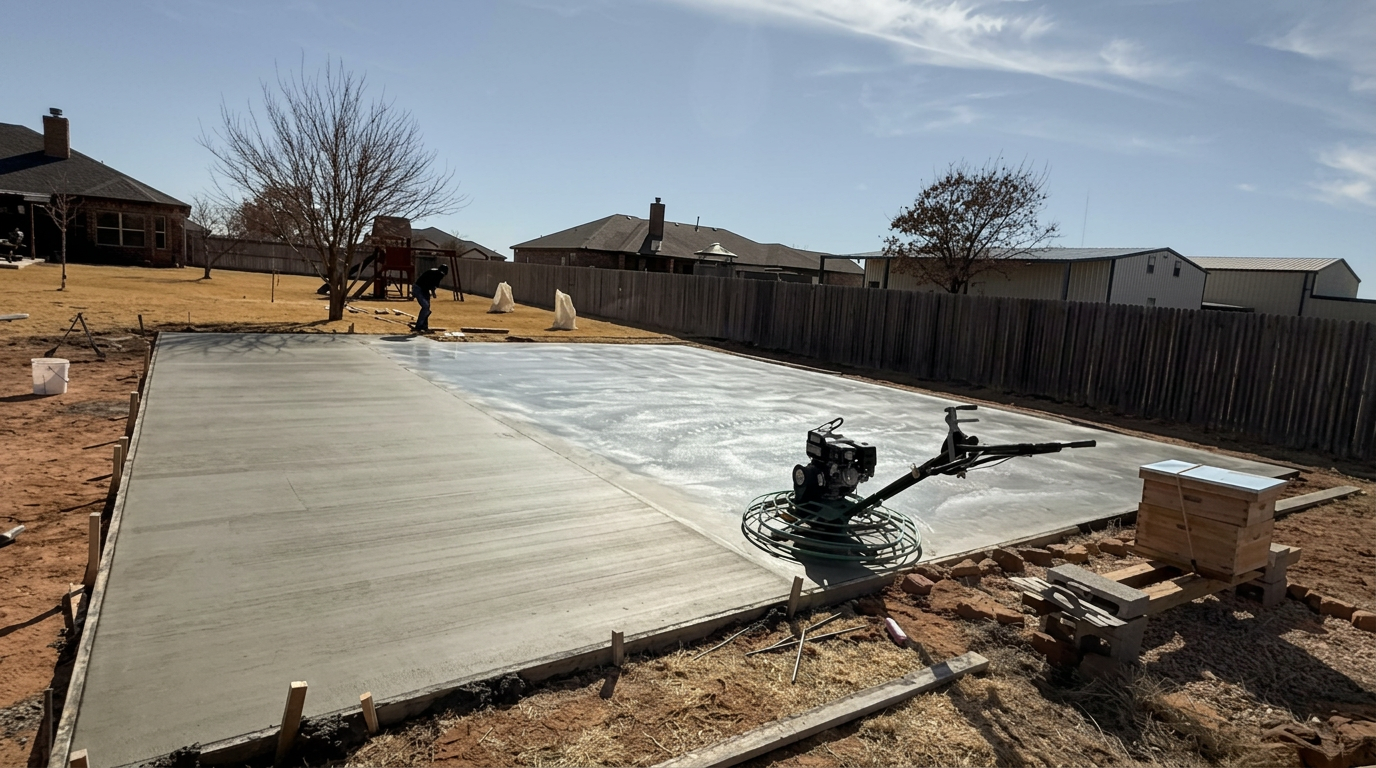 Freshly poured concrete slab being finished with a power trowel in a Lubbock backyard
